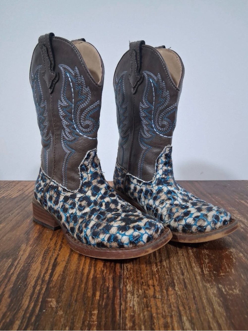 Roper Turquoise Glitter Leopard Print Kids Size 10 Western Boots